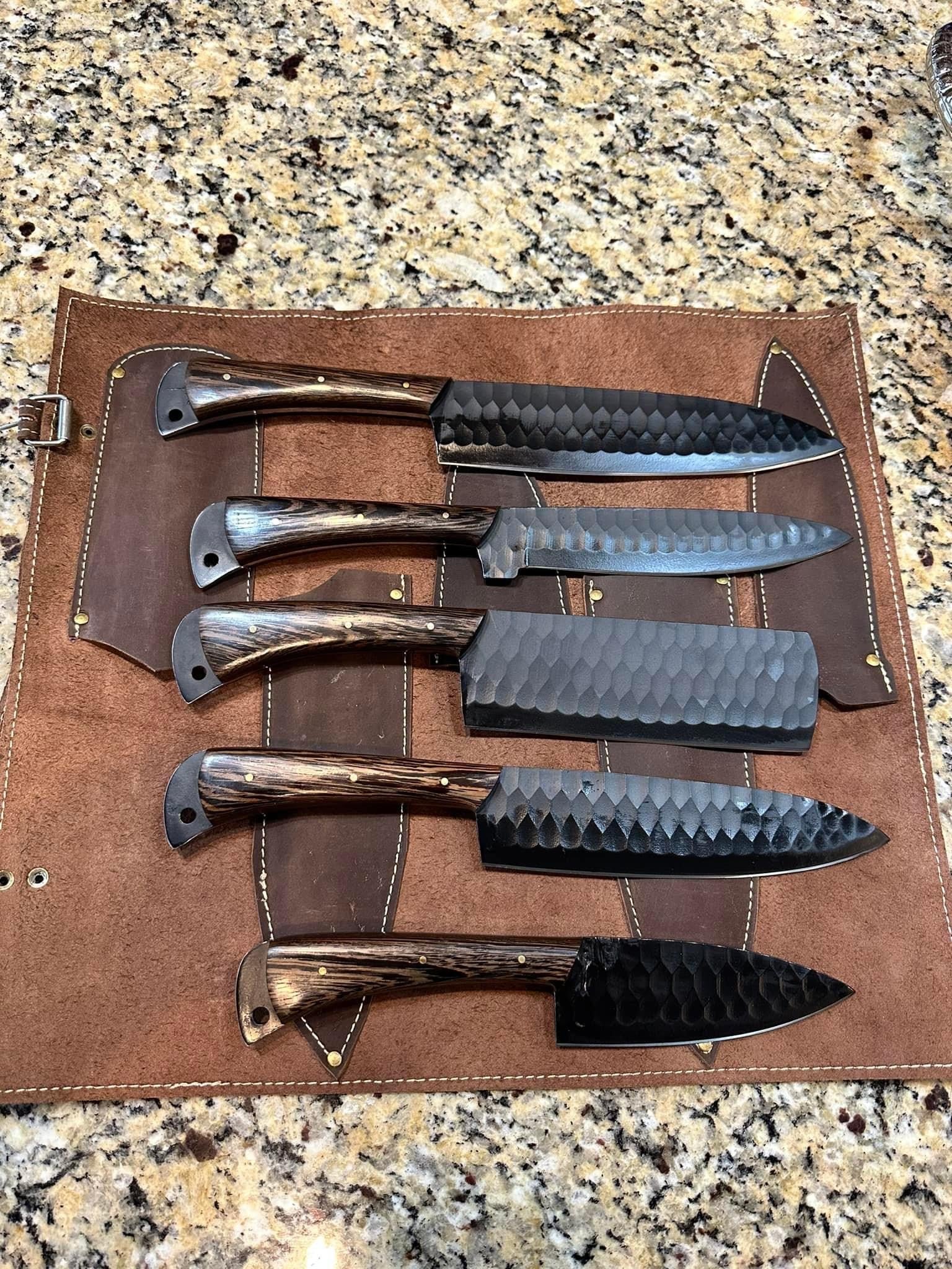 Handmade Forged steel bbq/kitchen knives set 5 pcs Wenge woods