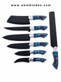 Handmade 7 Piece Kitchen Knife Set with Leather Roll | 1095 High Carbon Steel Chef Knives | Blue Pakka Wood Handles | Professional Cooking Knife Collection