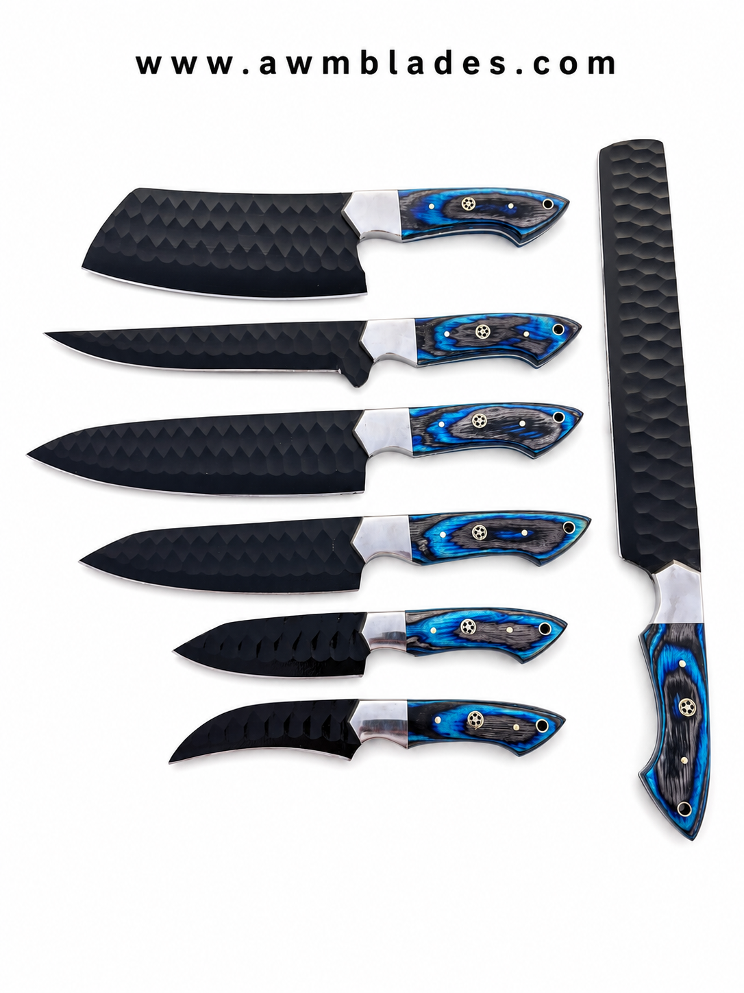 Handmade 7 Piece Kitchen Knife Set with Leather Roll | 1095 High Carbon Steel Chef Knives | Blue Pakka Wood Handles | Professional Cooking Knife Collection