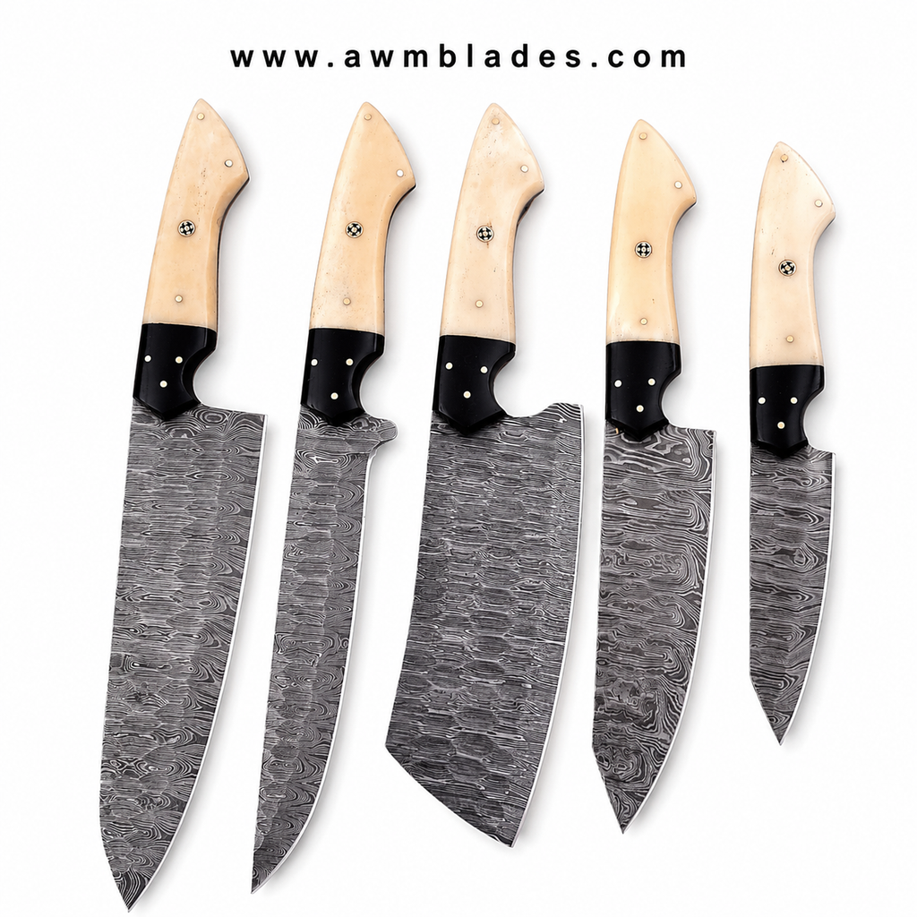Handmade Damascus Kitchen Knife Set with Leather Roll | Forged Damascus Steel Chef Knives | Bone & Micarta Handles | Professional Kitchen Cutlery Set