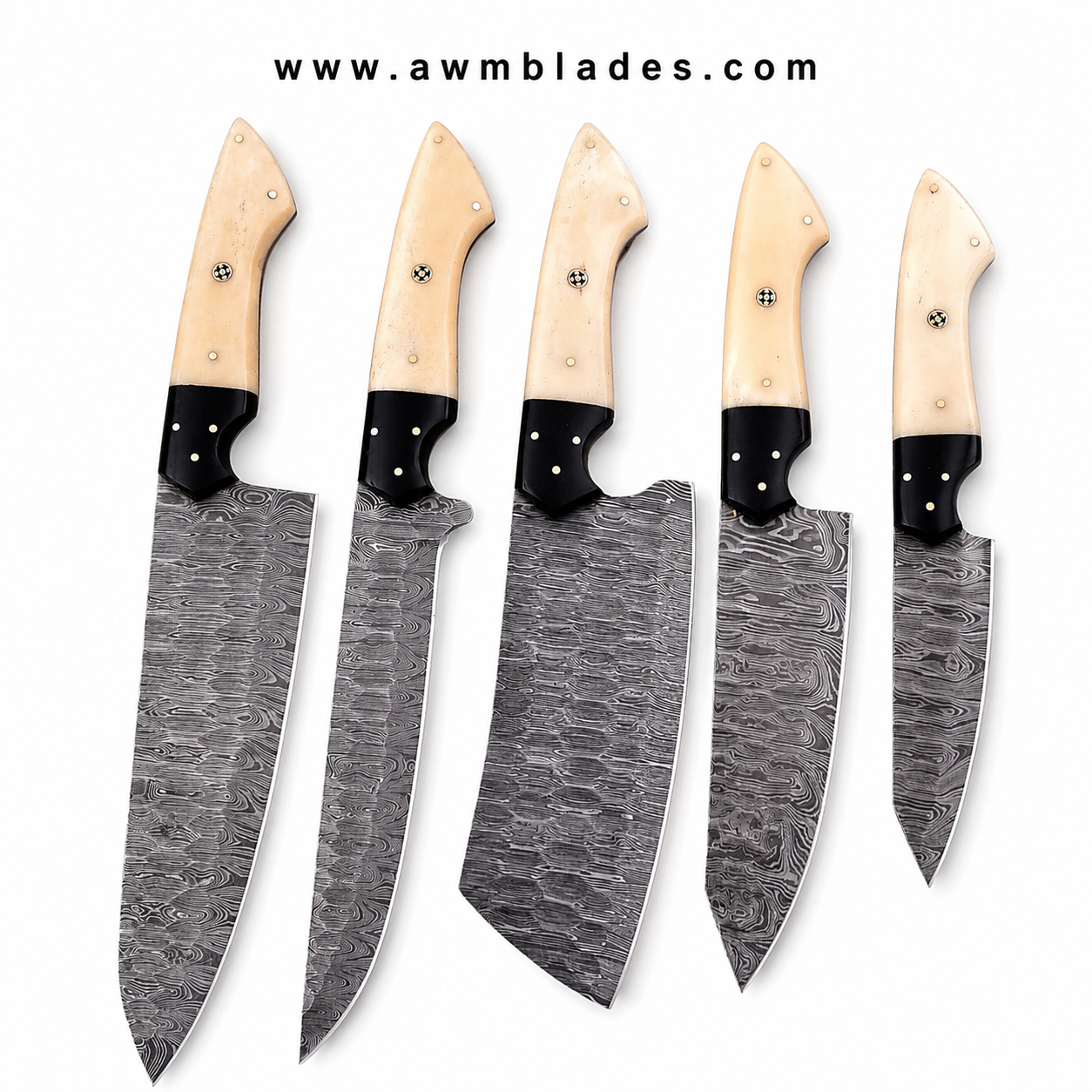 Handmade Damascus Kitchen Knife Set with Leather Roll | Forged Damascus Steel Chef Knives | Bone & Micarta Handles | Professional Kitchen Cutlery Set