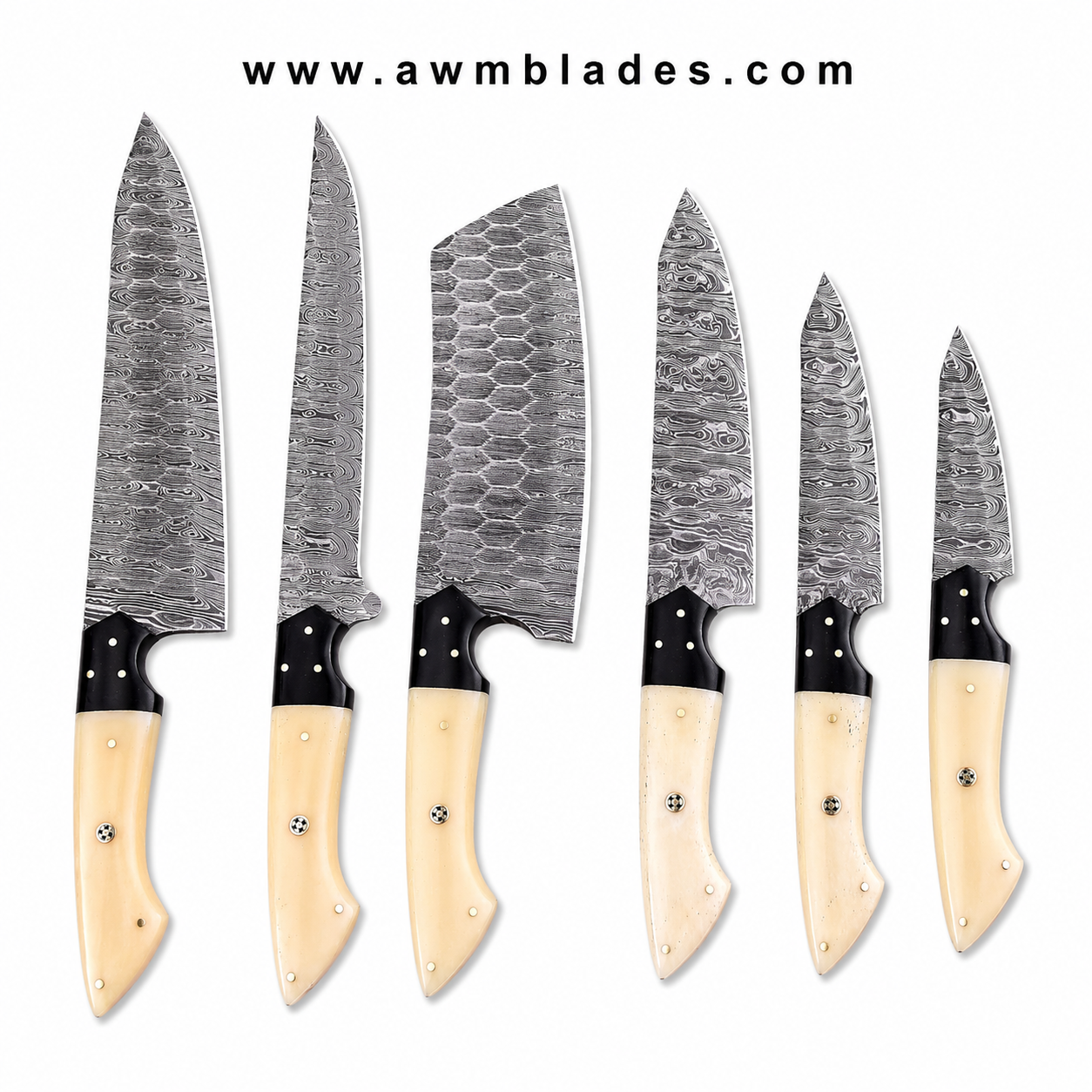 Handmade Damascus Kitchen Knife Set with Leather Roll | Forged Damascus Steel Chef Knives | Bone & Micarta Handles | Professional Kitchen Cutlery Set