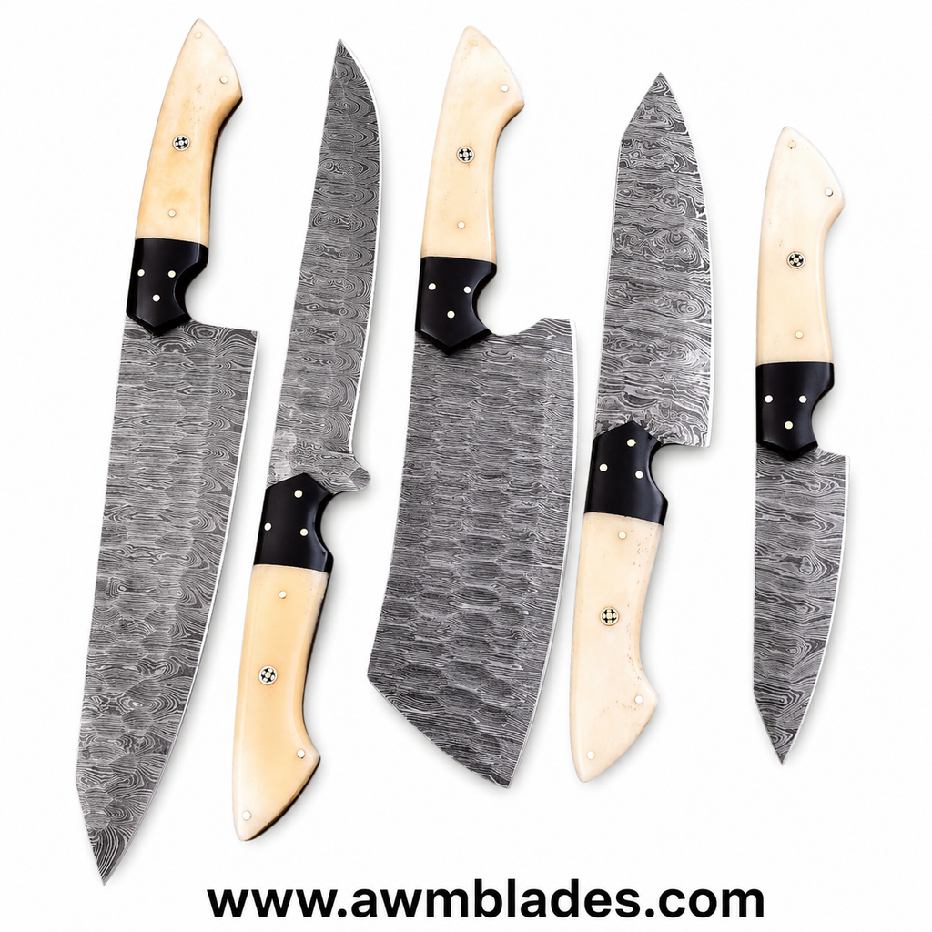 Handmade Damascus Kitchen Knife Set with Leather Roll | Forged Damascus Steel Chef Knives | Bone & Micarta Handles | Professional Kitchen Cutlery Set