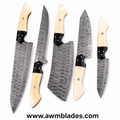 Handmade Damascus Kitchen Knife Set with Leather Roll | Forged Damascus Steel Chef Knives | Bone & Micarta Handles | Professional Kitchen Cutlery Set