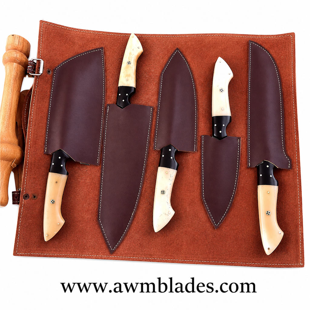 Handmade Damascus Kitchen Knife Set with Leather Roll | Forged Damascus Steel Chef Knives | Bone & Micarta Handles | Professional Kitchen Cutlery Set