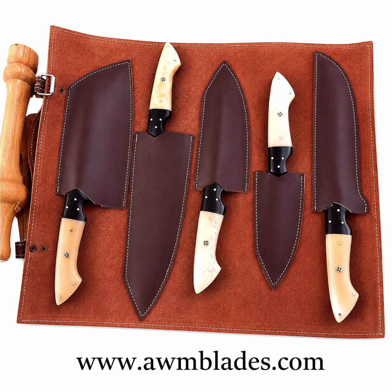 Handmade Damascus Kitchen Knife Set with Leather Roll | Forged Damascus Steel Chef Knives | Bone & Micarta Handles | Professional Kitchen Cutlery Set