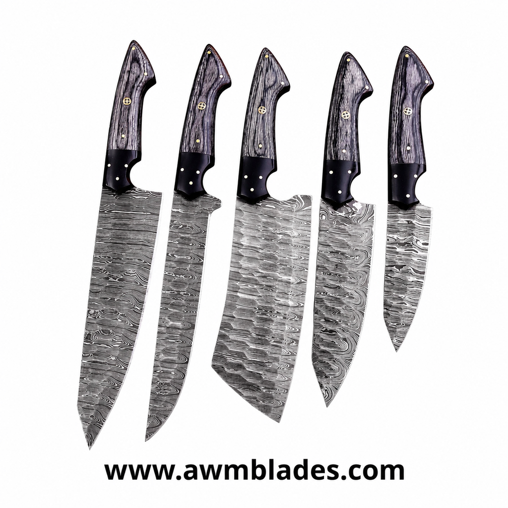 Handmade Damascus Kitchen Knife Set with Leather Roll | Forged Damascus Steel Chef Knives | Micarta & Pakka Wood Handles | Professional Kitchen Cutlery Set