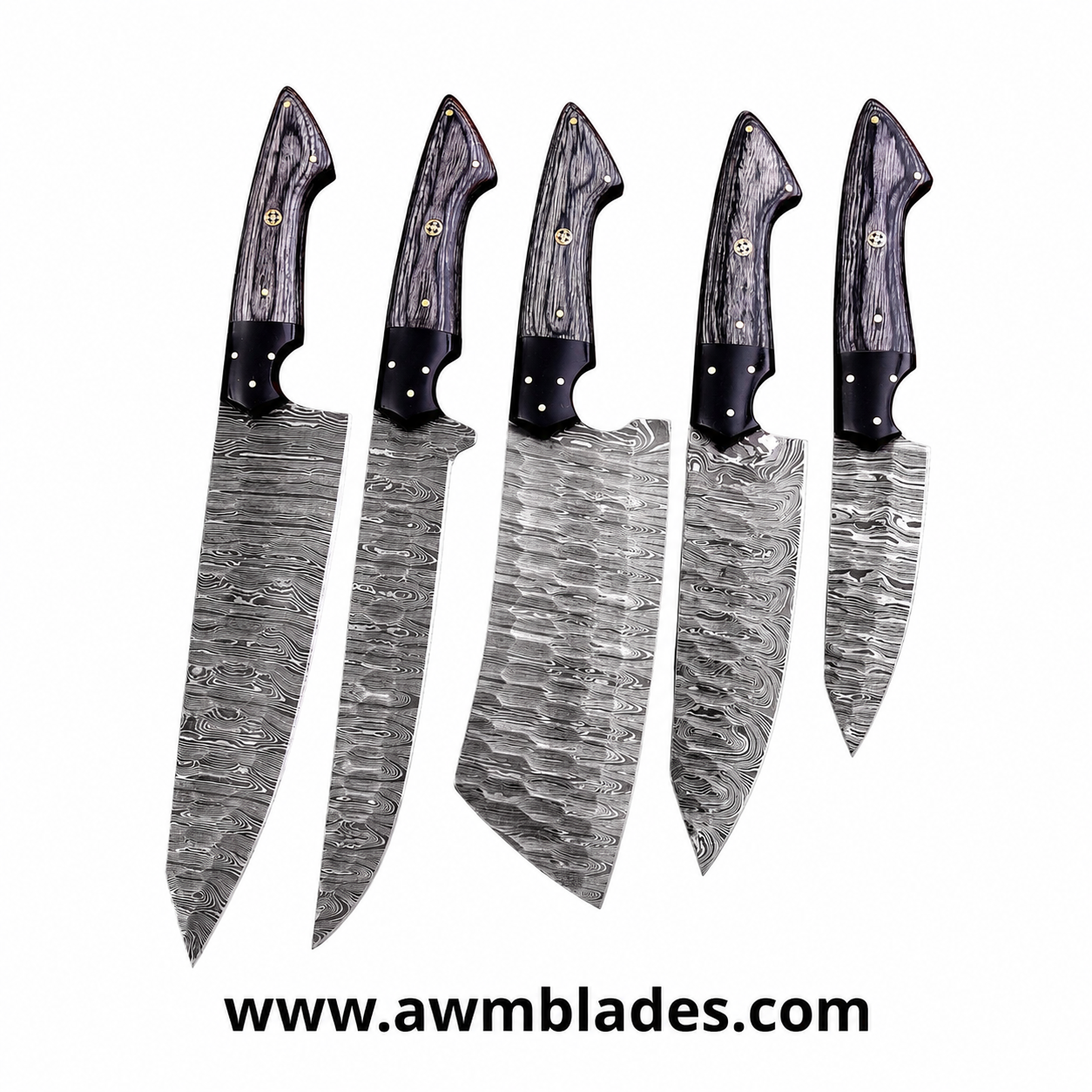 Handmade Damascus Kitchen Knife Set with Leather Roll | Forged Damascus Steel Chef Knives | Micarta & Pakka Wood Handles | Professional Kitchen Cutlery Set