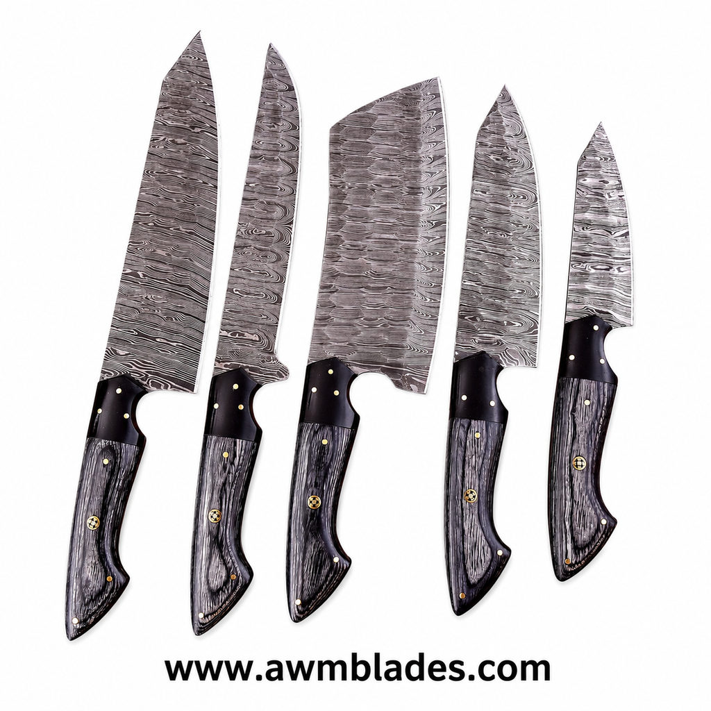 Handmade Damascus Kitchen Knife Set with Leather Roll | Forged Damascus Steel Chef Knives | Micarta & Pakka Wood Handles | Professional Kitchen Cutlery Set