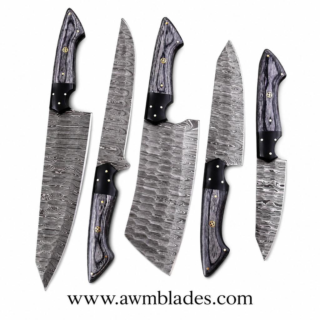 Handmade Damascus Kitchen Knife Set with Leather Roll | Forged Damascus Steel Chef Knives | Micarta & Pakka Wood Handles | Professional Kitchen Cutlery Set