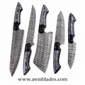 Handmade Damascus Kitchen Knife Set with Leather Roll | Forged Damascus Steel Chef Knives | Micarta & Pakka Wood Handles | Professional Kitchen Cutlery Set