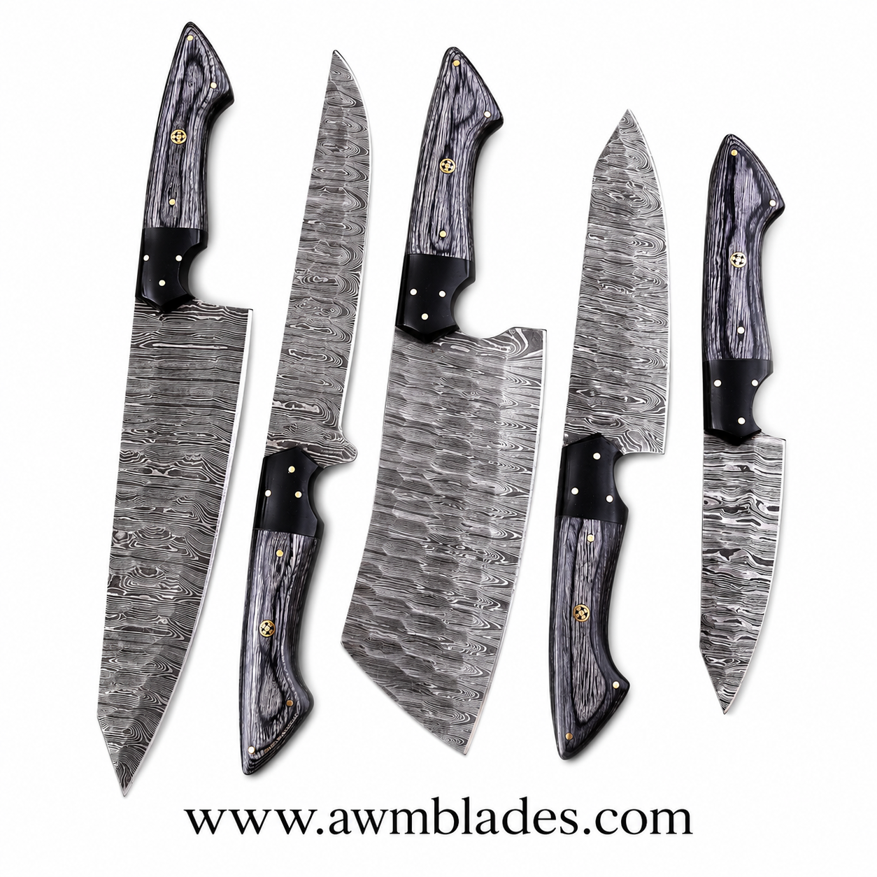 Handmade Damascus Kitchen Knife Set with Leather Roll | Forged Damascus Steel Chef Knives | Micarta & Pakka Wood Handles | Professional Kitchen Cutlery Set