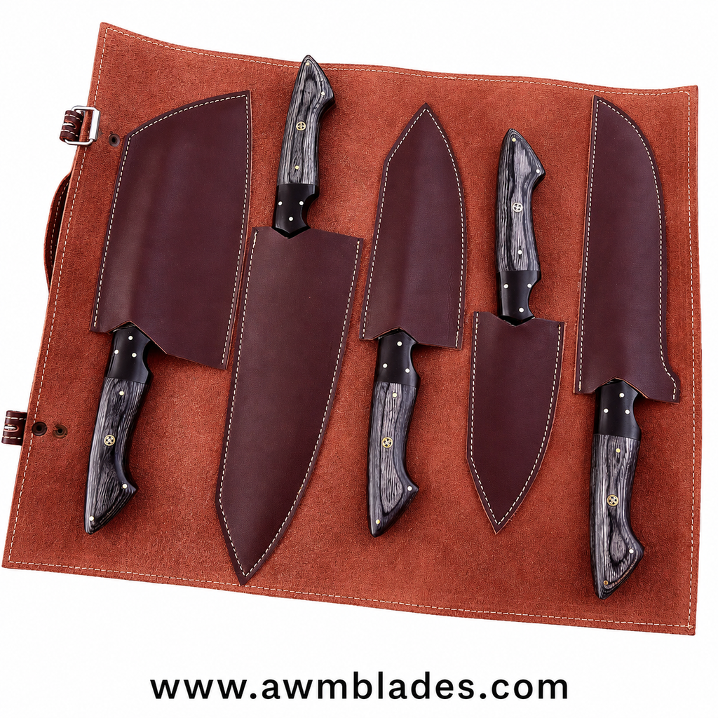 Handmade Damascus Kitchen Knife Set with Leather Roll | Forged Damascus Steel Chef Knives | Micarta & Pakka Wood Handles | Professional Kitchen Cutlery Set