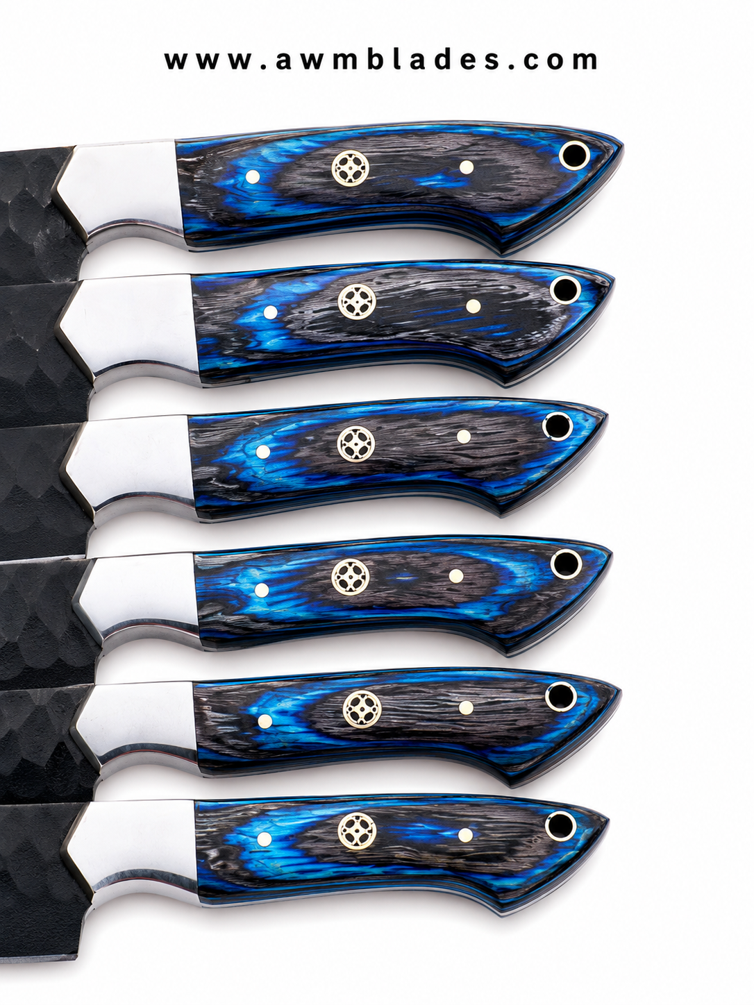 Handmade 7 Piece Kitchen Knife Set with Leather Roll | 1095 High Carbon Steel Chef Knives | Blue Pakka Wood Handles | Professional Cooking Knife Collection