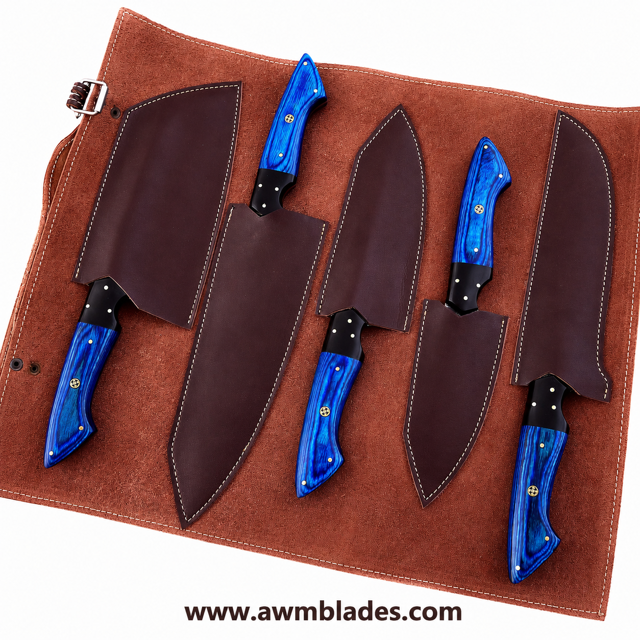 Handmade Damascus Kitchen Knife Set with Leather Roll | Forged Damascus Steel Chef Knives | Micarta & Pakka Wood Handles | Professional Kitchen Cutlery Set (Copy)