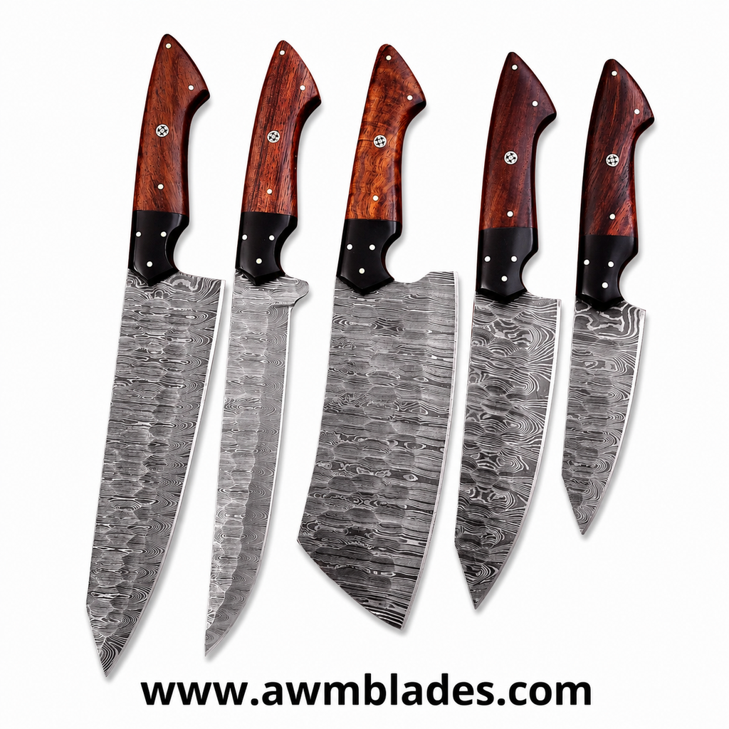 Handmade Damascus Kitchen Knife Set with Leather Roll | Forged Damascus Steel Chef Knives | Micarta & Rosewood Handles | Professional Kitchen Cutlery Set