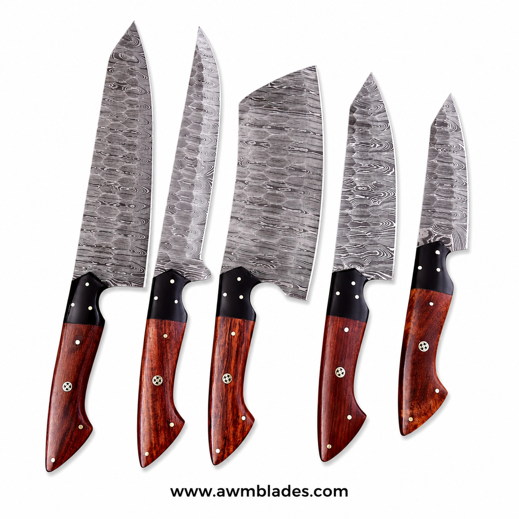 Handmade Damascus Kitchen Knife Set with Leather Roll | Forged Damascus Steel Chef Knives | Micarta & Rosewood Handles | Professional Kitchen Cutlery Set