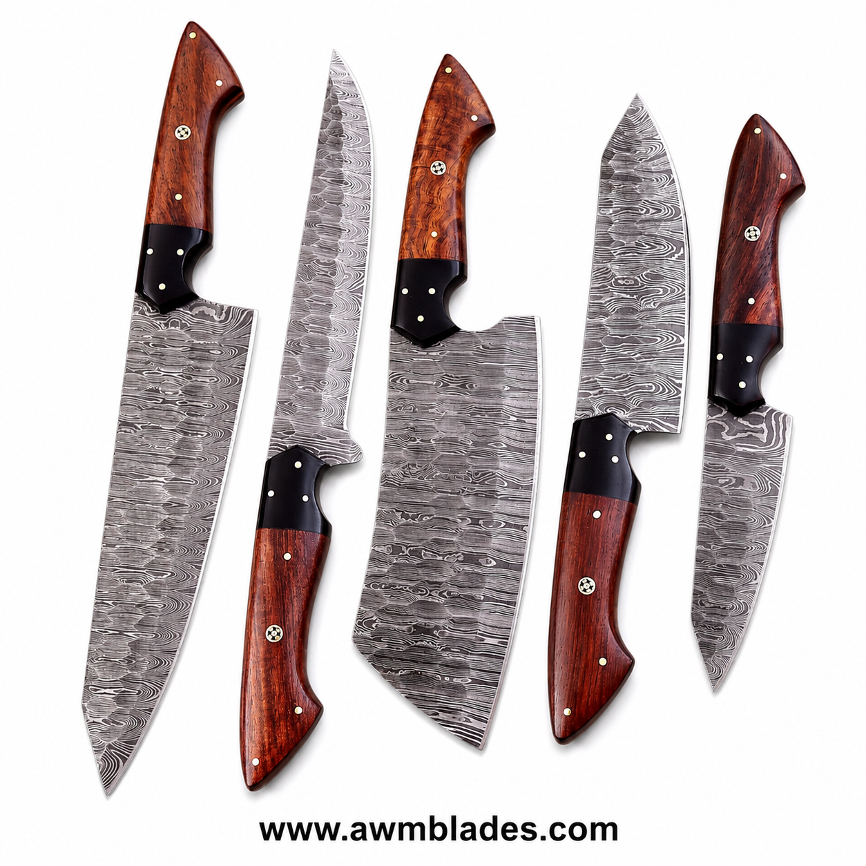 Handmade Damascus Kitchen Knife Set with Leather Roll | Forged Damascus Steel Chef Knives | Micarta & Rosewood Handles | Professional Kitchen Cutlery Set