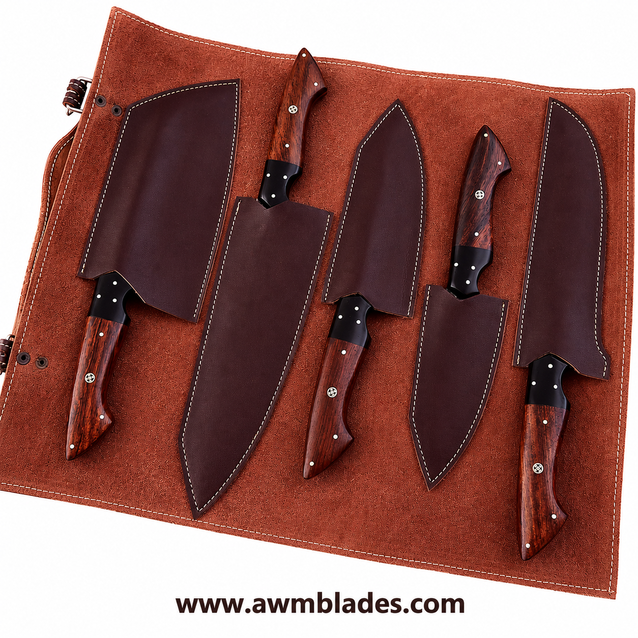 Handmade Damascus Kitchen Knife Set with Leather Roll | Forged Damascus Steel Chef Knives | Micarta & Rosewood Handles | Professional Kitchen Cutlery Set
