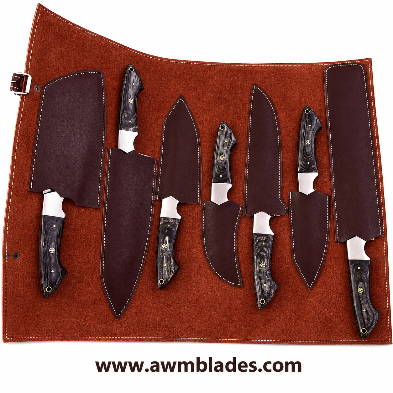 7 Piece Handmade Damascus Kitchen Knife Set with Leather Roll | Forged Damascus Steel Chef Knives | Pakka Wood & Micarta Handles | Professional Cutlery Collection