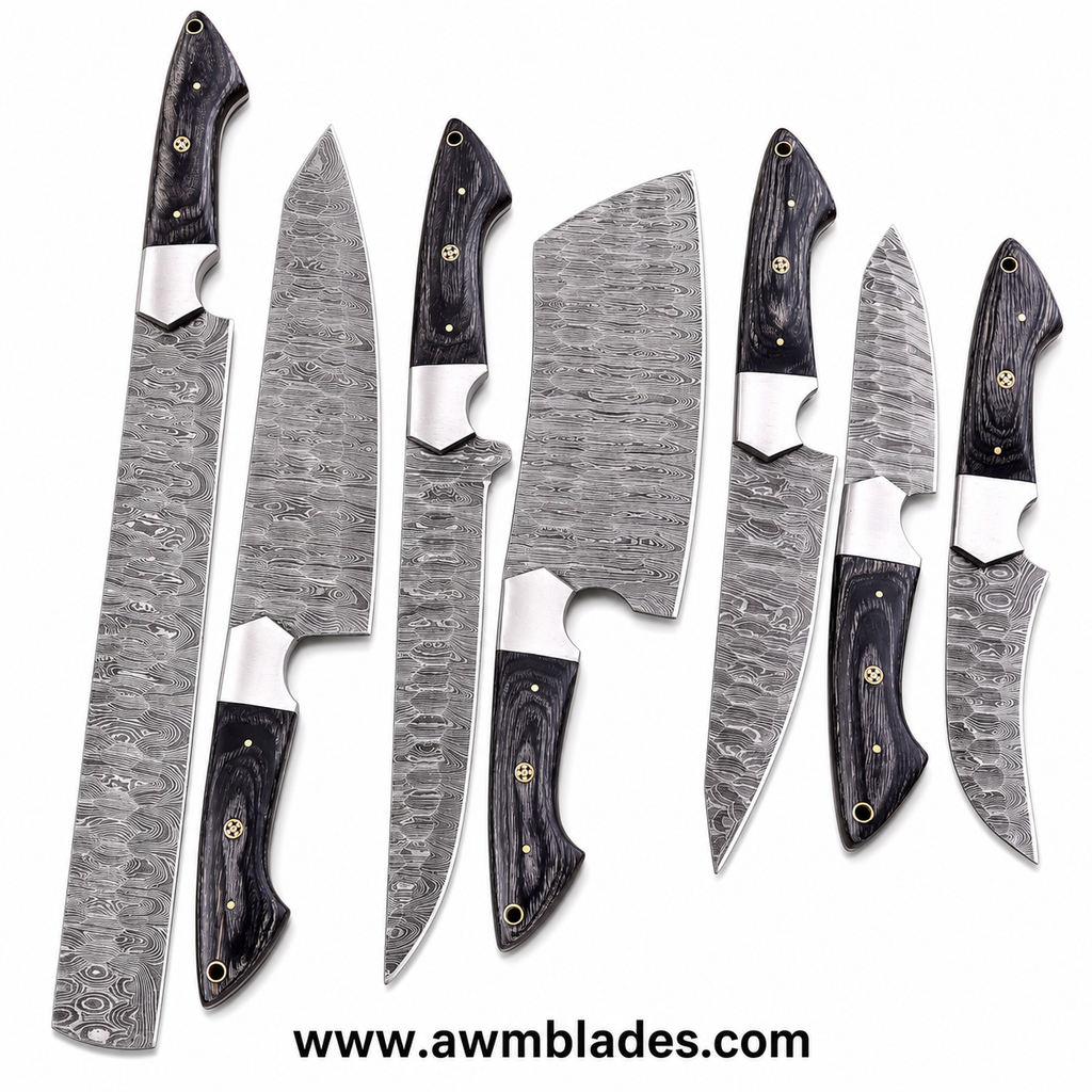 7 Piece Handmade Damascus Kitchen Knife Set with Leather Roll | Forged Damascus Steel Chef Knives | Pakka Wood & Micarta Handles | Professional Cutlery Collection