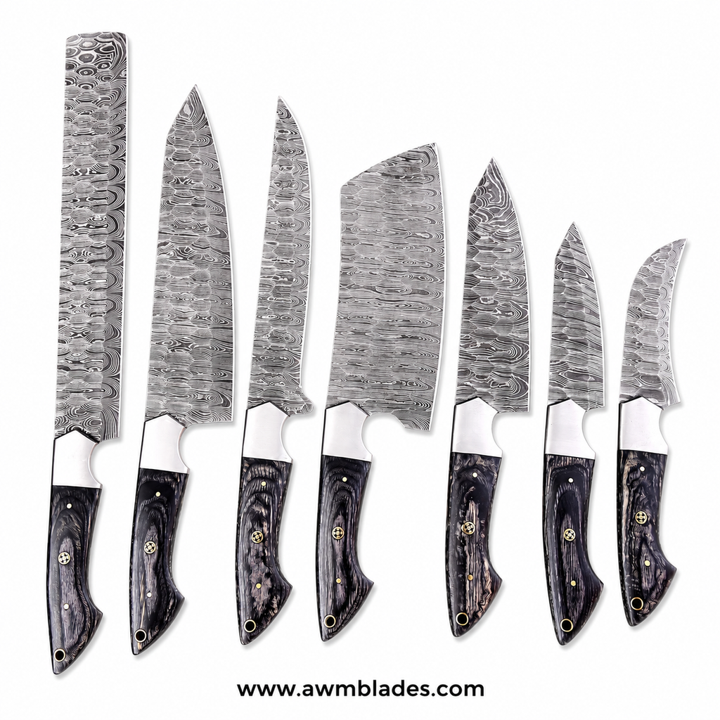 7 Piece Handmade Damascus Kitchen Knife Set with Leather Roll | Forged Damascus Steel Chef Knives | Pakka Wood & Micarta Handles | Professional Cutlery Collection