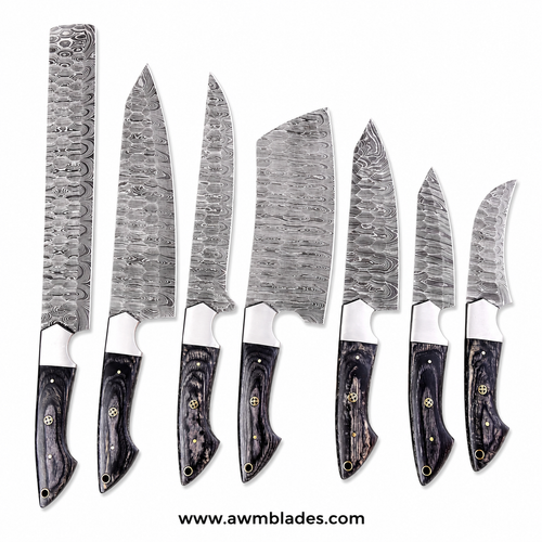 7 Piece Handmade Damascus Kitchen Knife Set with Leather Roll | Forged Damascus Steel Chef Knives | Pakka Wood & Micarta Handles | Professional Cutlery Collection