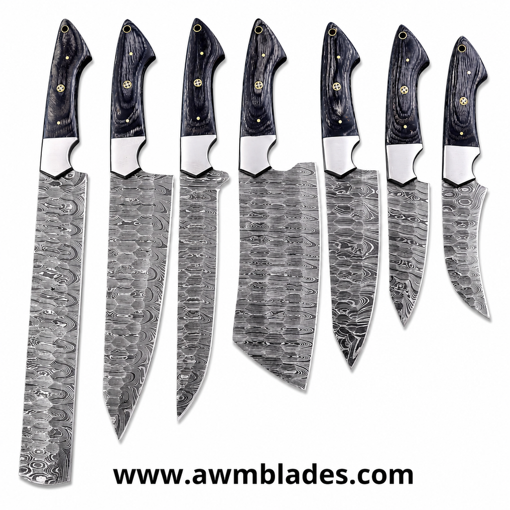 7 Piece Handmade Damascus Kitchen Knife Set with Leather Roll | Forged Damascus Steel Chef Knives | Pakka Wood & Micarta Handles | Professional Cutlery Collection