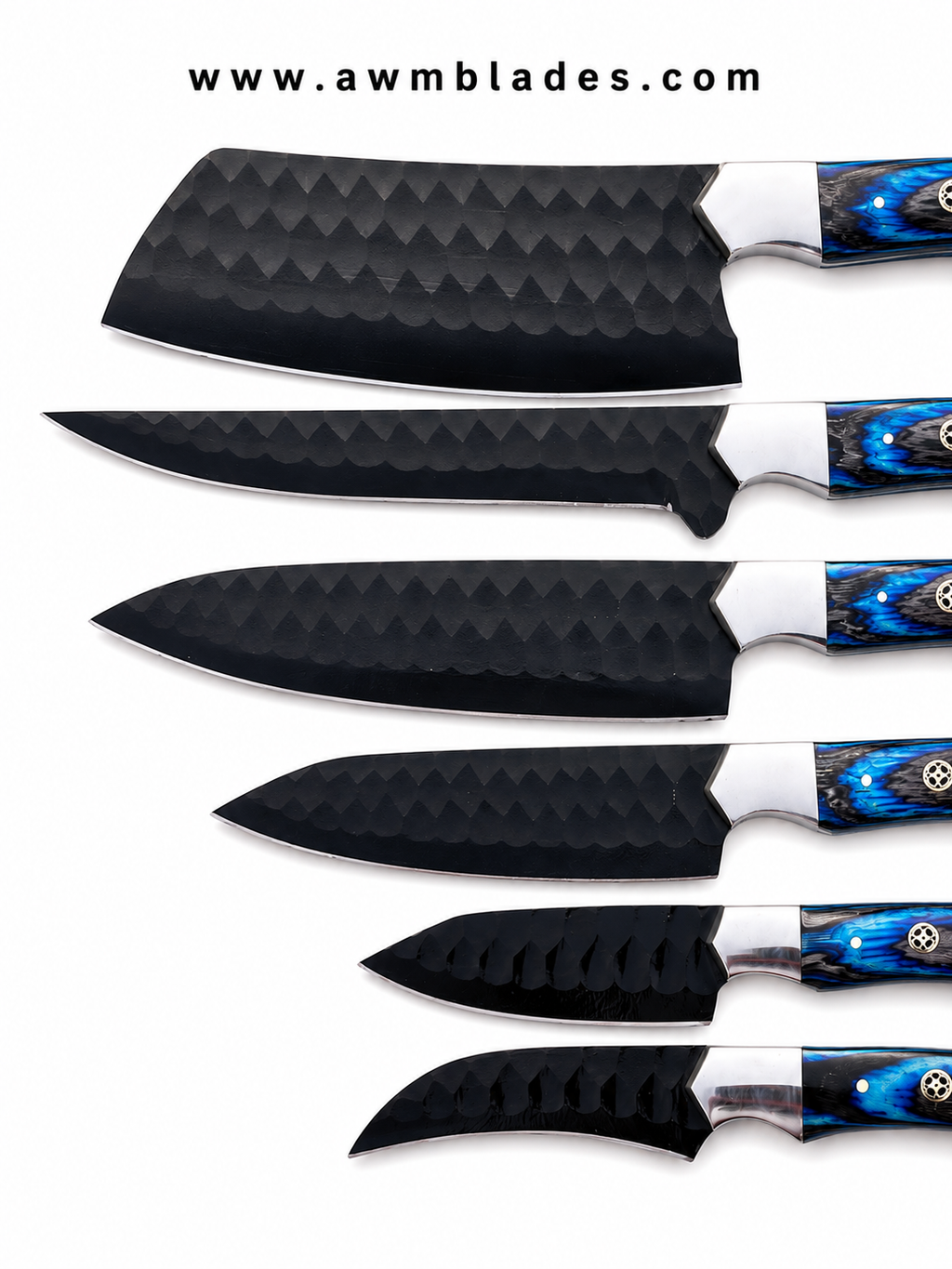 Handmade 7 Piece Kitchen Knife Set with Leather Roll | 1095 High Carbon Steel Chef Knives | Blue Pakka Wood Handles | Professional Cooking Knife Collection