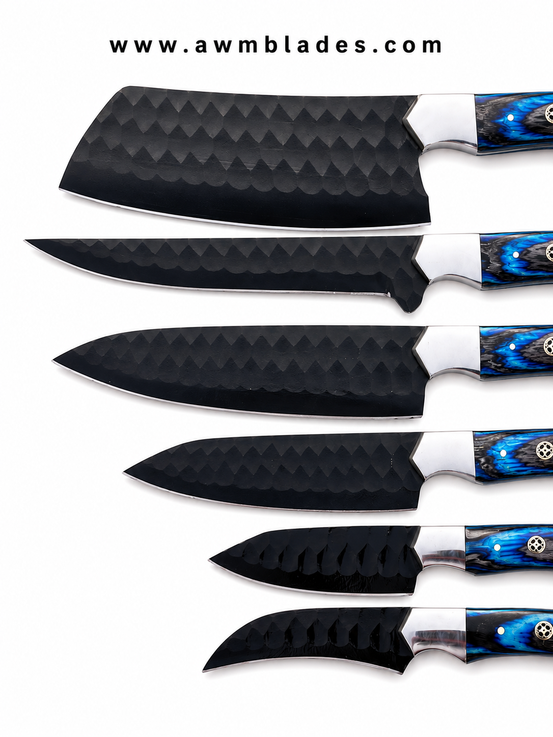 Handmade 7 Piece Kitchen Knife Set with Leather Roll | 1095 High Carbon Steel Chef Knives | Blue Pakka Wood Handles | Professional Cooking Knife Collection
