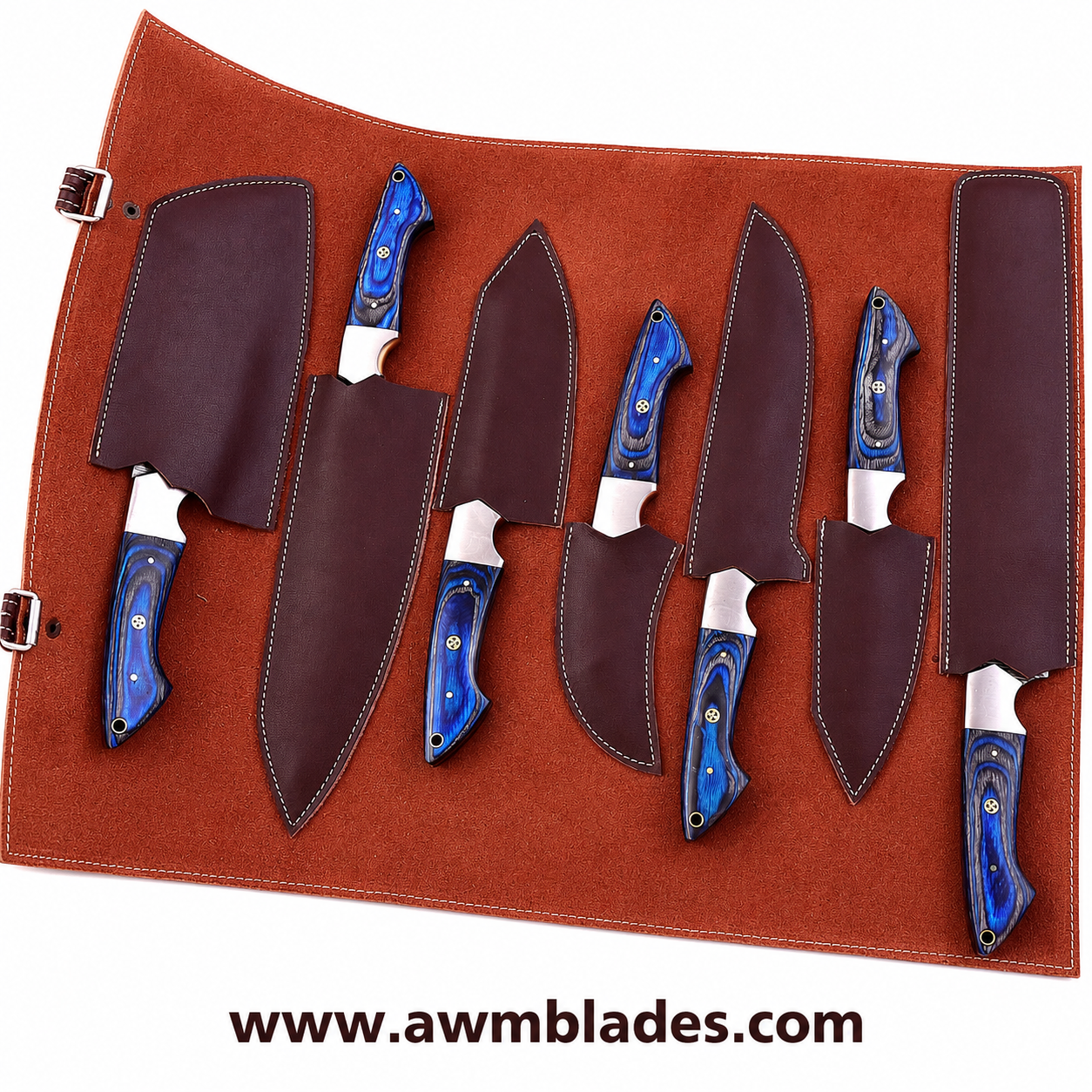 7 Piece Handmade Damascus Kitchen Knife Set with Leather Roll | Forge Damascus Steel Chef Knives | Pakka Wood & Micarta Handles | Professional Cutlery Collection