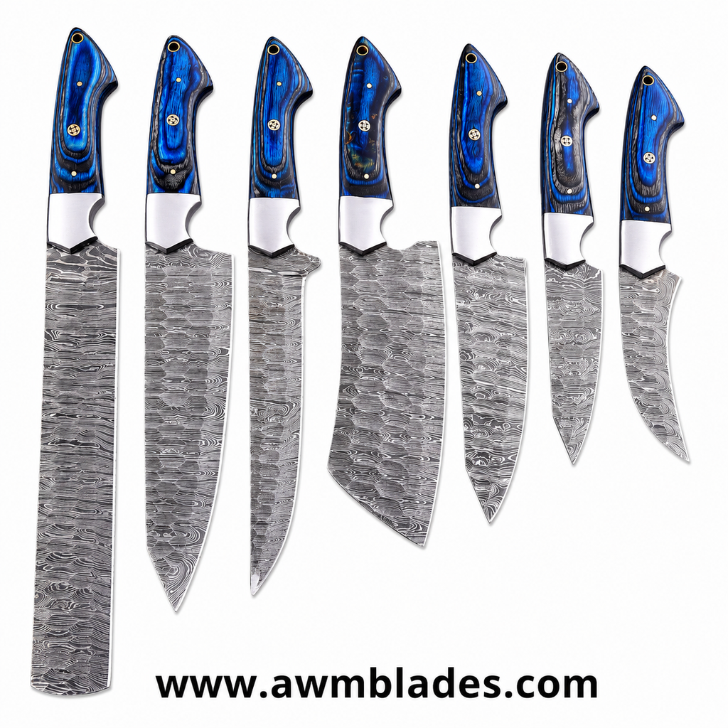 7 Piece Handmade Damascus Kitchen Knife Set with Leather Roll | Forge Damascus Steel Chef Knives | Pakka Wood & Micarta Handles | Professional Cutlery Collection