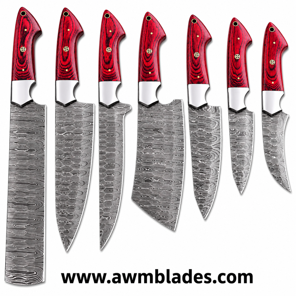 7 Piece Handmade Damascus Kitchen Knife Set with Leather Roll | Forged Damascus Steel Chef Knives | Pakka Wood & Micarta Handles | Professional Cutlery Collection