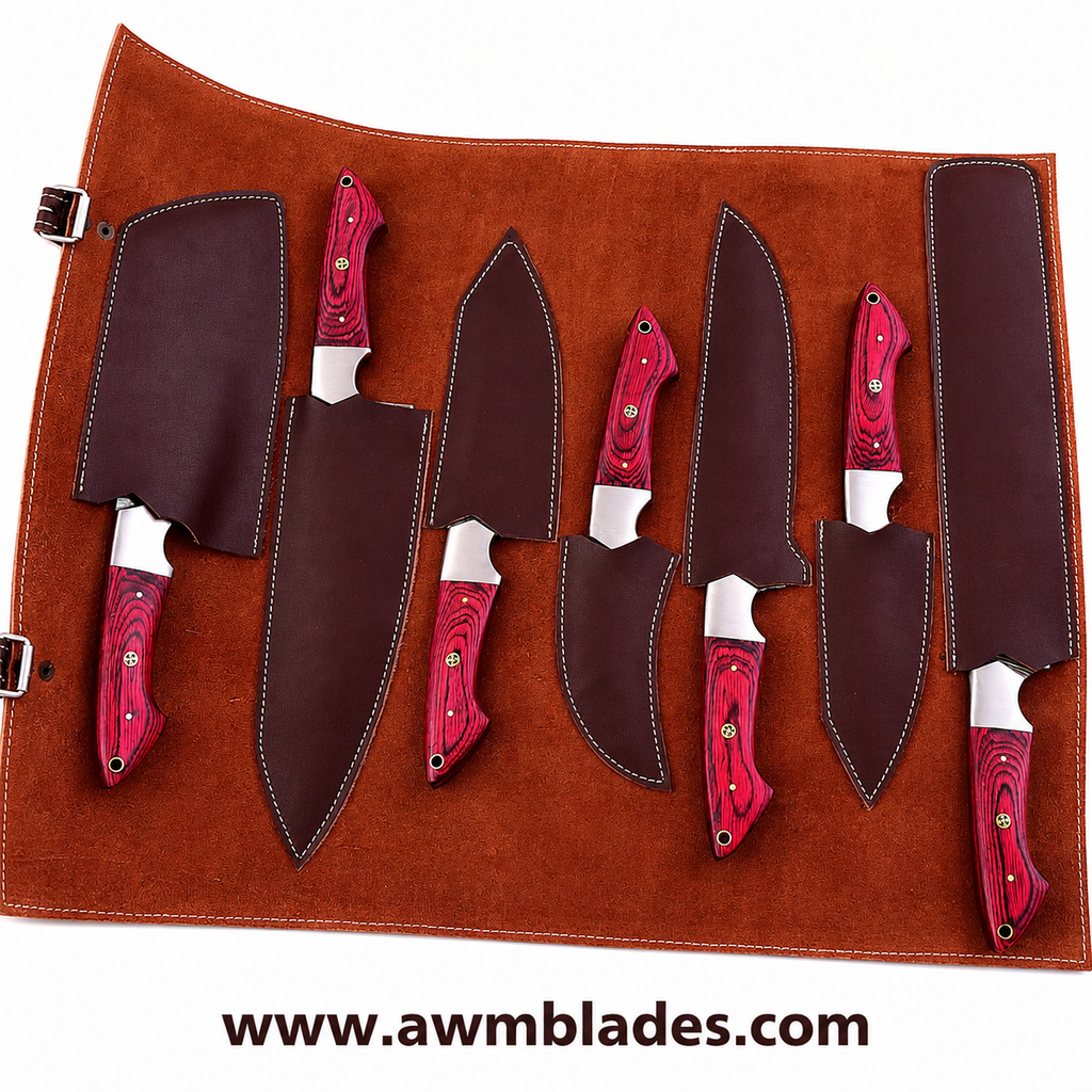 7 Piece Handmade Damascus Kitchen Knife Set with Leather Roll | Forged Damascus Steel Chef Knives | Pakka Wood & Micarta Handles | Professional Cutlery Collection
