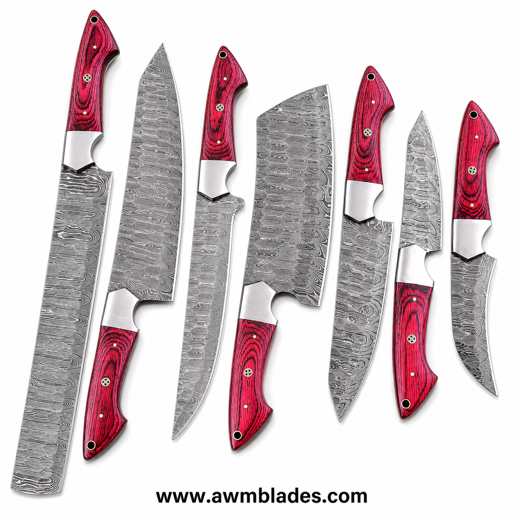 7 Piece Handmade Damascus Kitchen Knife Set with Leather Roll | Forged Damascus Steel Chef Knives | Pakka Wood & Micarta Handles | Professional Cutlery Collection