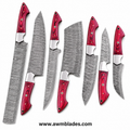 7 Piece Handmade Damascus Kitchen Knife Set with Leather Roll | Forged Damascus Steel Chef Knives | Pakka Wood & Micarta Handles | Professional Cutlery Collection