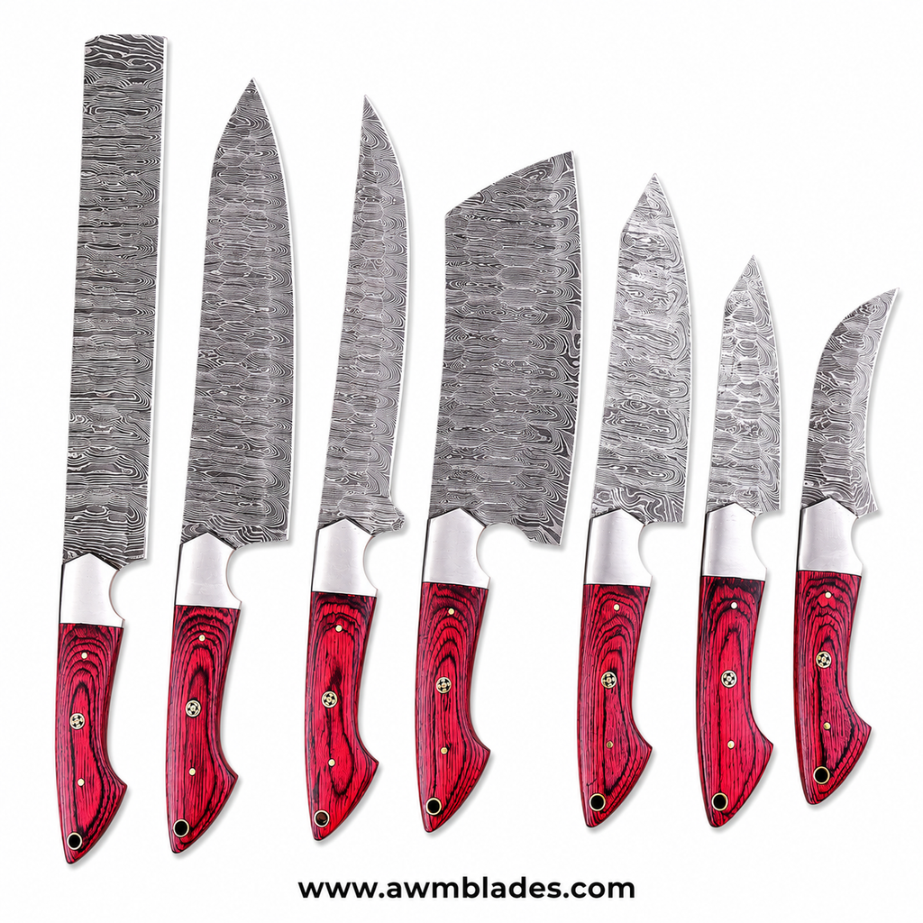 7 Piece Handmade Damascus Kitchen Knife Set with Leather Roll | Forged Damascus Steel Chef Knives | Pakka Wood & Micarta Handles | Professional Cutlery Collection