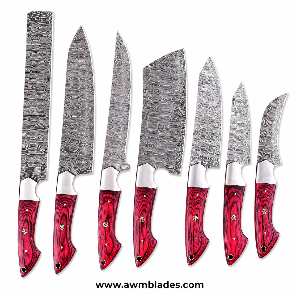 7 Piece Handmade Damascus Kitchen Knife Set with Leather Roll | Forged Damascus Steel Chef Knives | Pakka Wood & Micarta Handles | Professional Cutlery Collection