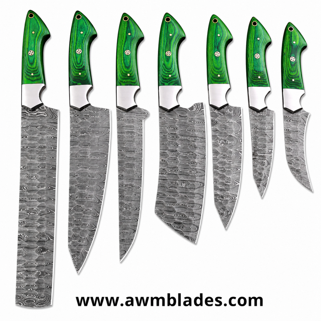 7 Piece Handmade Damascus Kitchen Knife Set with Leather Roll | Forged Damascus Steel Chef Knives | Pakka Wood & Micarta Handles | Professional Cutlery Collection