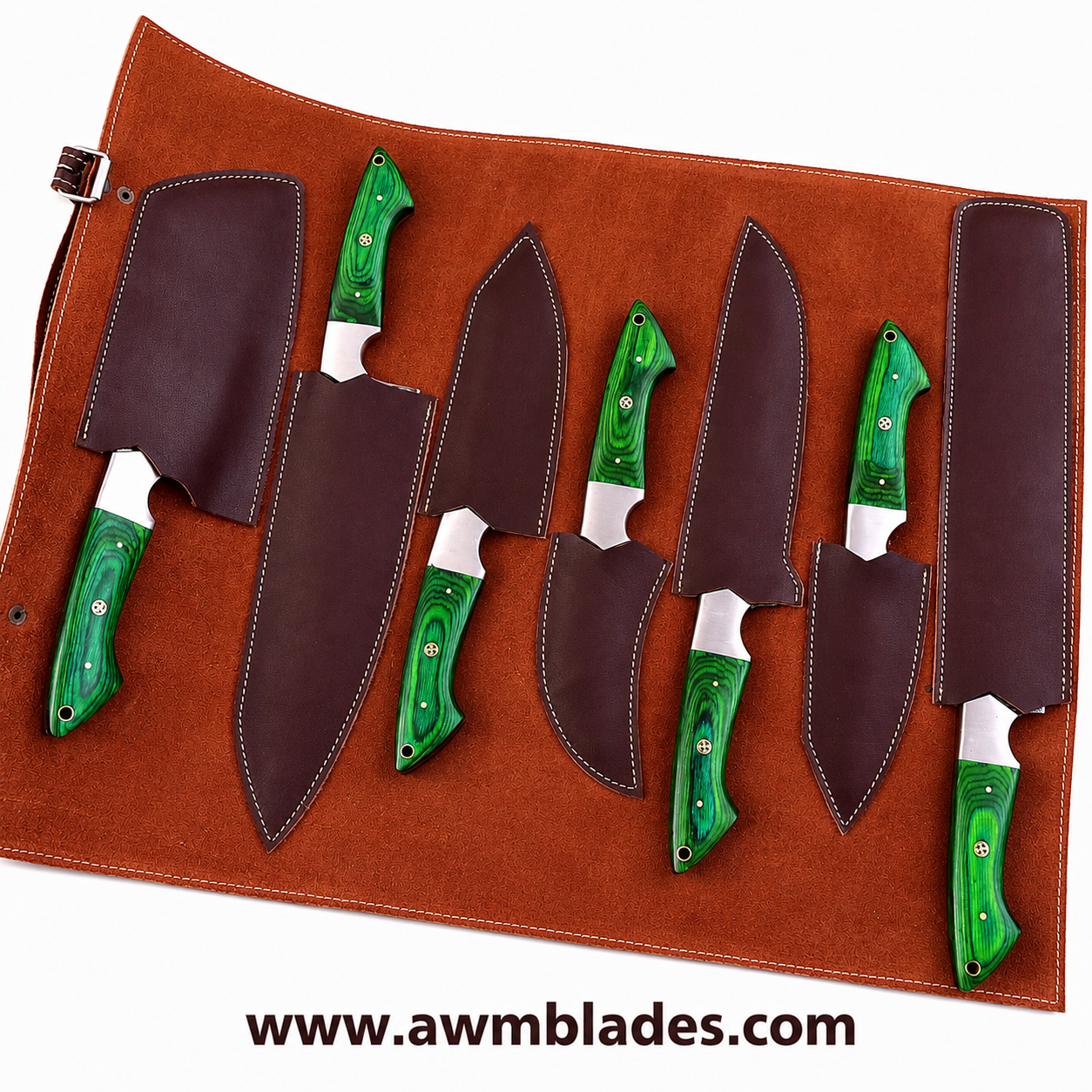 7 Piece Handmade Damascus Kitchen Knife Set with Leather Roll | Forged Damascus Steel Chef Knives | Pakka Wood & Micarta Handles | Professional Cutlery Collection