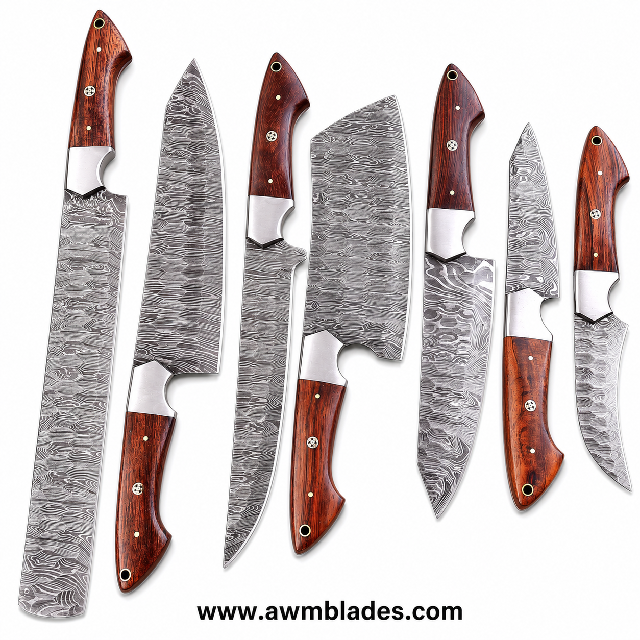 7 Piece Handmade Damascus Kitchen Knife Set with Leather Roll | Forged Damascus Steel Chef Knives | Rosewood Handles & Steel Bolsters | Professional Kitchen Cutlery Collection