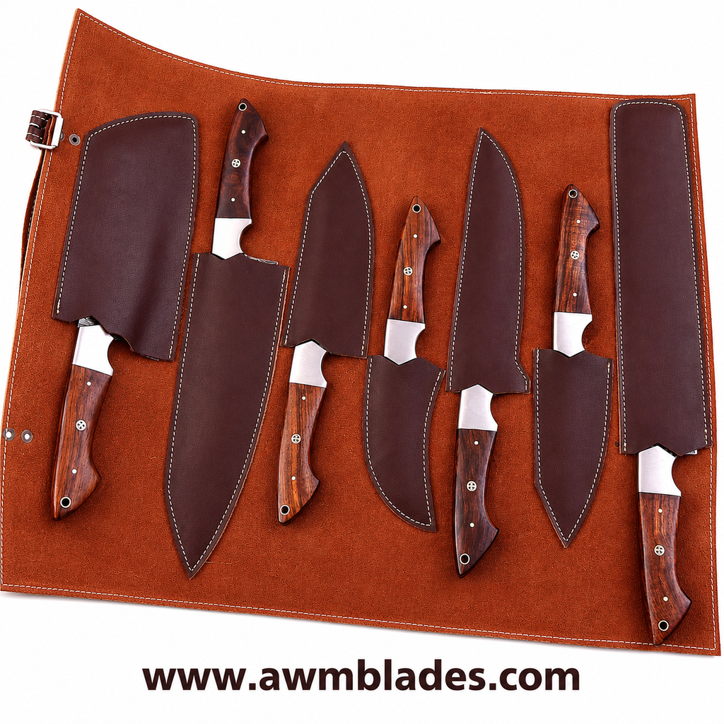 7 Piece Handmade Damascus Kitchen Knife Set with Leather Roll | Forged Damascus Steel Chef Knives | Rosewood Handles & Steel Bolsters | Professional Kitchen Cutlery Collection
