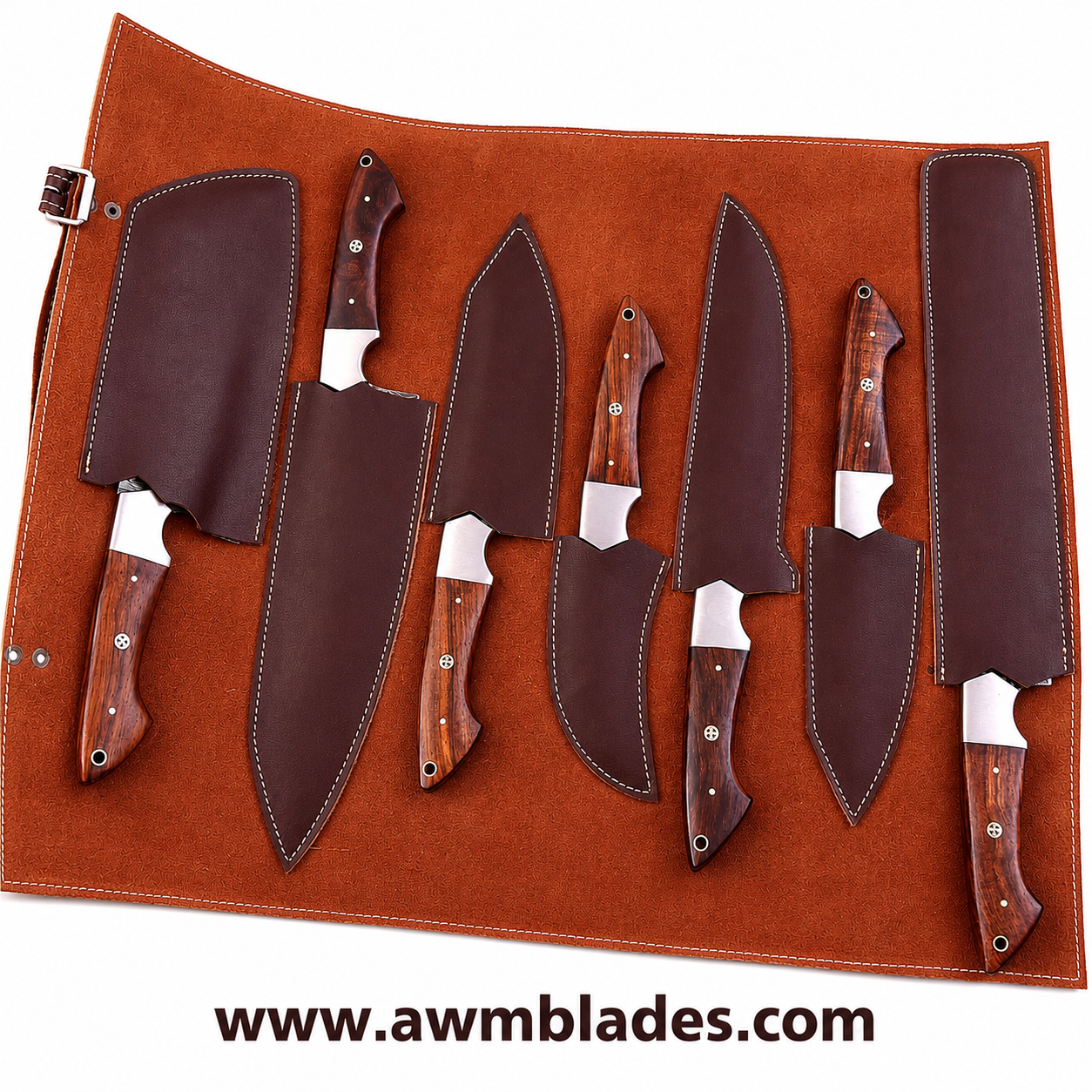 7 Piece Handmade Damascus Kitchen Knife Set with Leather Roll | Forged Damascus Steel Chef Knives | Rosewood Handles & Steel Bolsters | Professional Kitchen Cutlery Collection