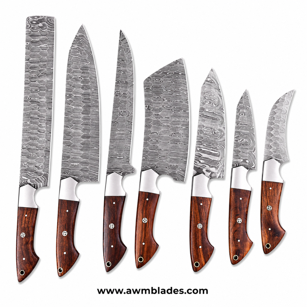 7 Piece Handmade Damascus Kitchen Knife Set with Leather Roll | Forged Damascus Steel Chef Knives | Rosewood Handles & Steel Bolsters | Professional Kitchen Cutlery Collection