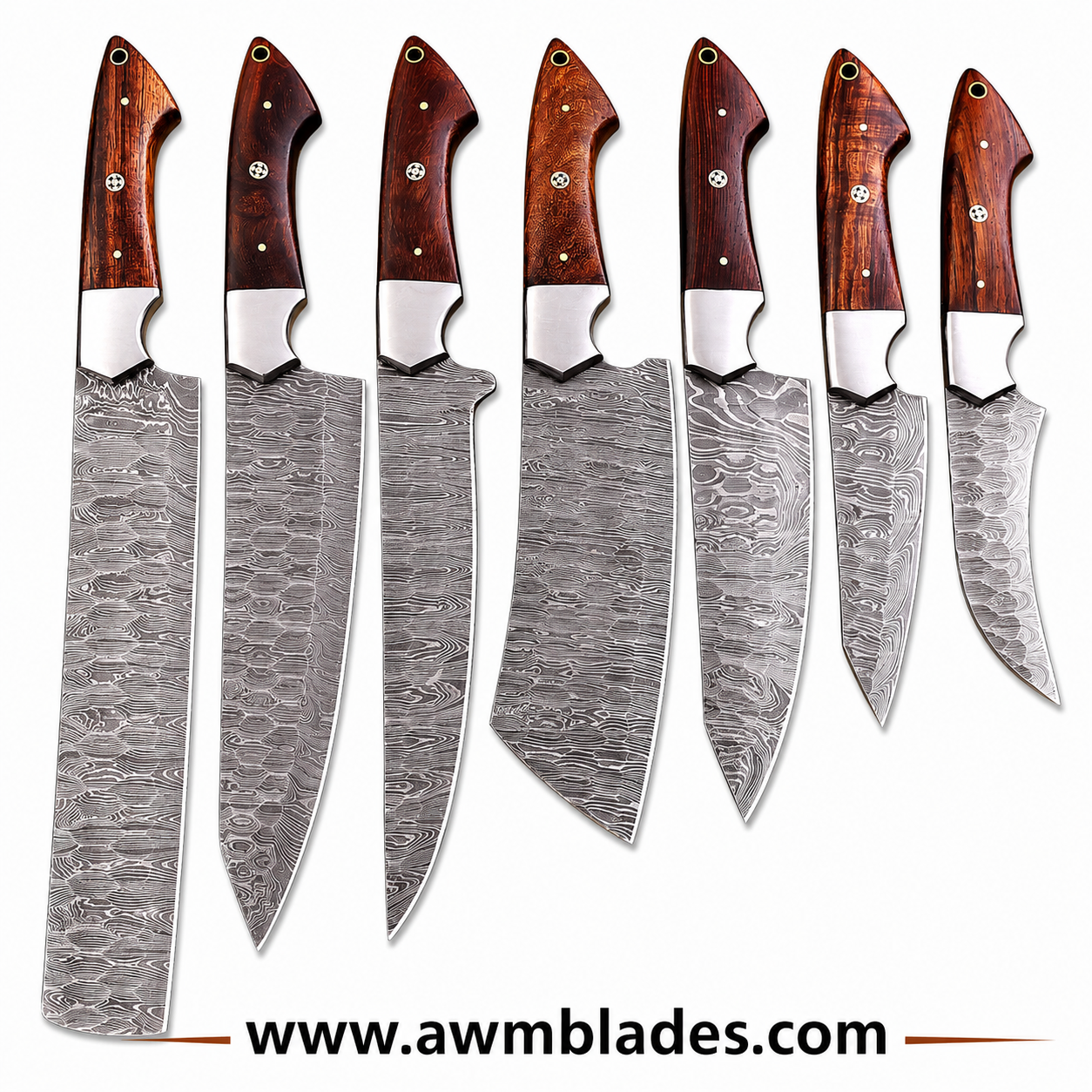 7 Piece Handmade Damascus Kitchen Knife Set with Leather Roll | Forged Damascus Steel Chef Knives | Rosewood Handles & Steel Bolsters | Professional Kitchen Cutlery Collection