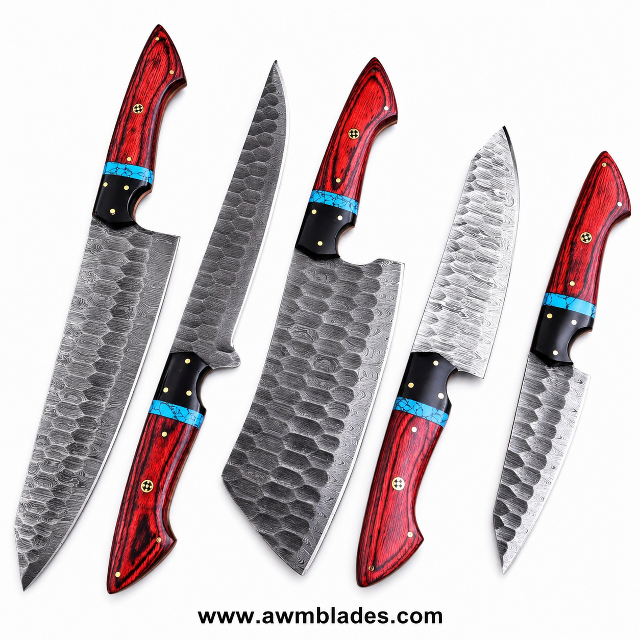 5 Piece Handmade Damascus Kitchen Knife Set with Leather Roll | Forged Damascus Steel Chef Knives | Hard Pakka Wood & Micarta Handles | Professional Cutlery Collection