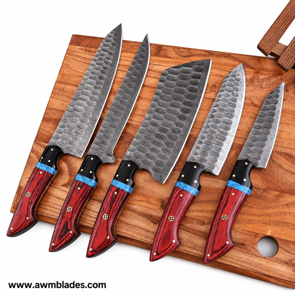 5 Piece Handmade Damascus Kitchen Knife Set with Leather Roll | Forged Damascus Steel Chef Knives | Hard Pakka Wood & Micarta Handles | Professional Cutlery Collection