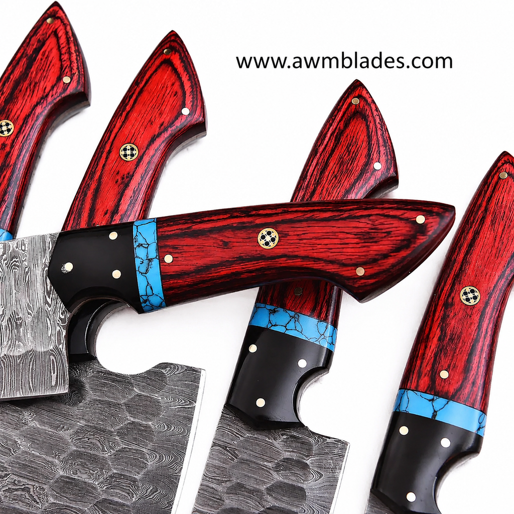 5 Piece Handmade Damascus Kitchen Knife Set with Leather Roll | Forged Damascus Steel Chef Knives | Hard Pakka Wood & Micarta Handles | Professional Cutlery Collection