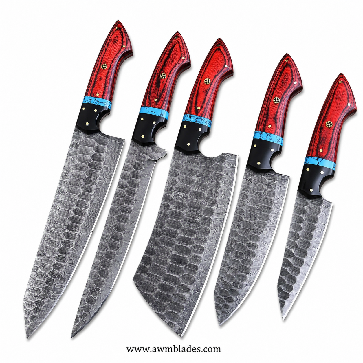 5 Piece Handmade Damascus Kitchen Knife Set with Leather Roll | Forged Damascus Steel Chef Knives | Hard Pakka Wood & Micarta Handles | Professional Cutlery Collection