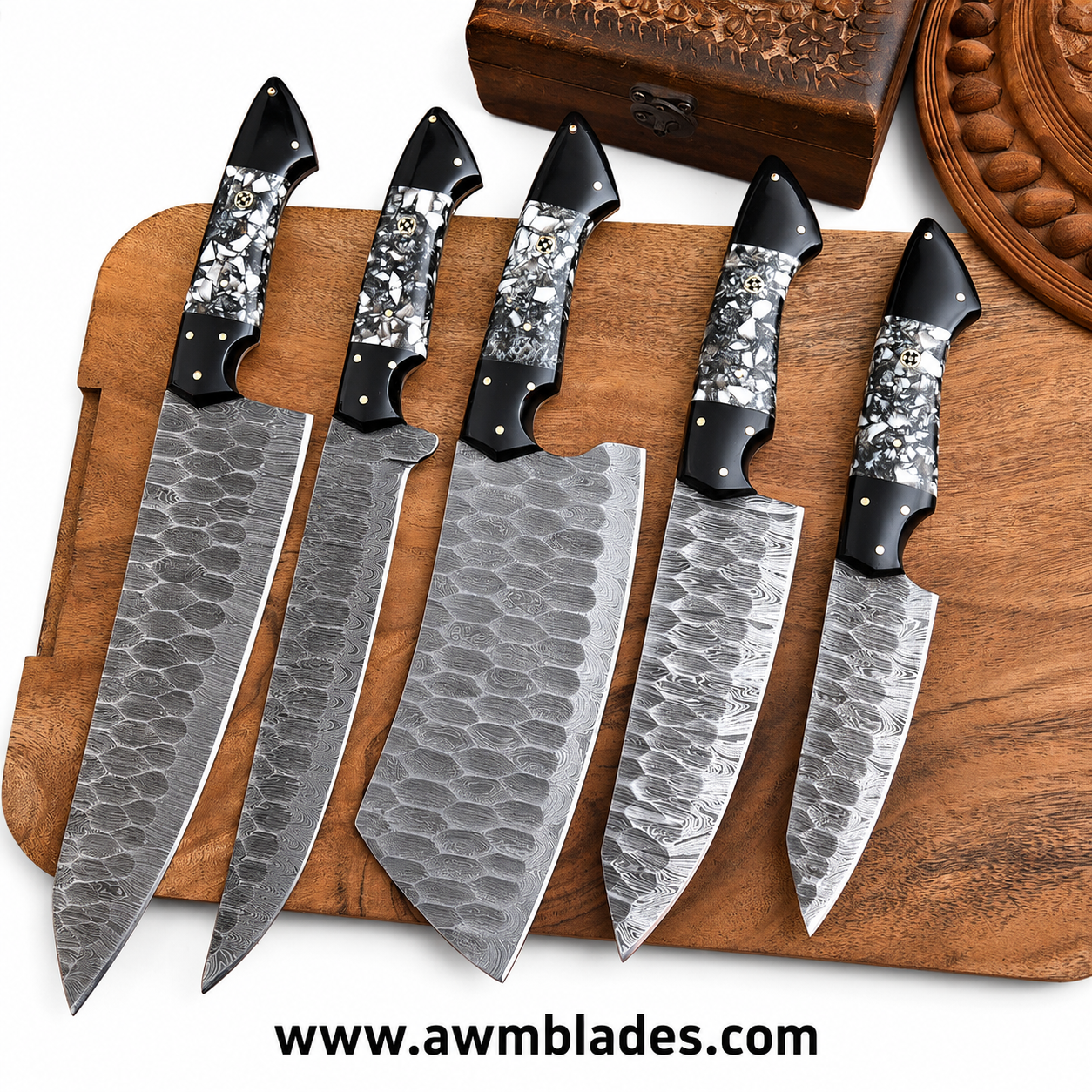 5 Piece Handmade Damascus Kitchen Knife Set with Leather Roll | Forged Damascus Steel Chef Knives | Resin & Micarta Handles | Professional Kitchen Cutlery Collection